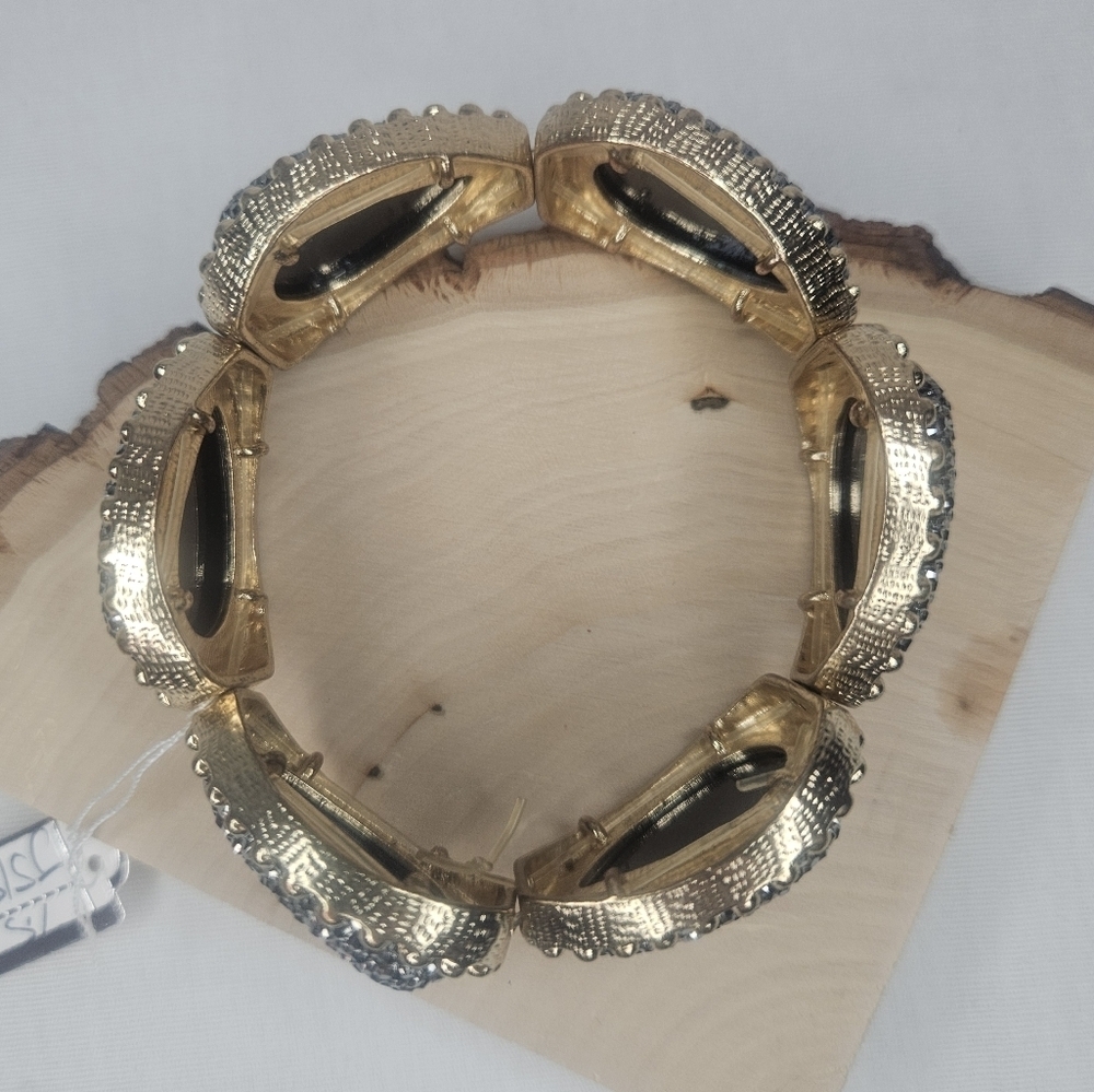 Gold Pave Hematite Teardrop Stretch Bracelet Beaded Coin Edge Border Statement - Picture 4 of 4